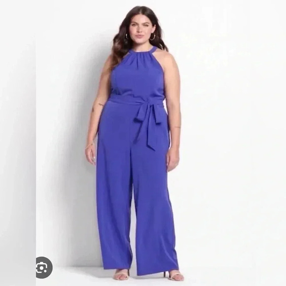 Lane Bryant Size 26 Blue Belted Twist Halter Jumpsuit NEW! - Picture 1 of 5